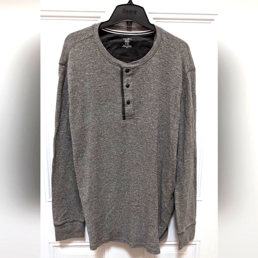 *George Men's Thermal Long Sleeved Shirt  Grey 1/4 Button Pullover Large